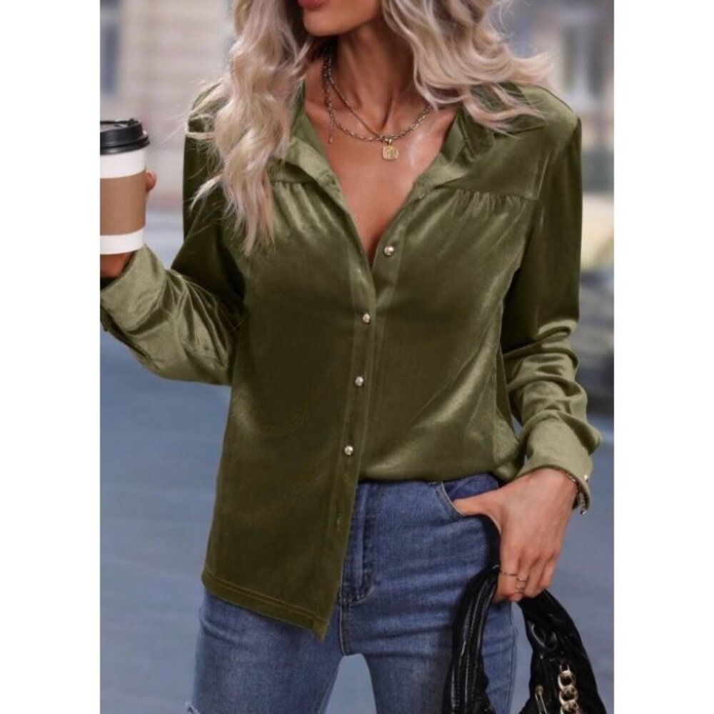Army Green Button Front Velvet Long Sleeve Top Sz 4